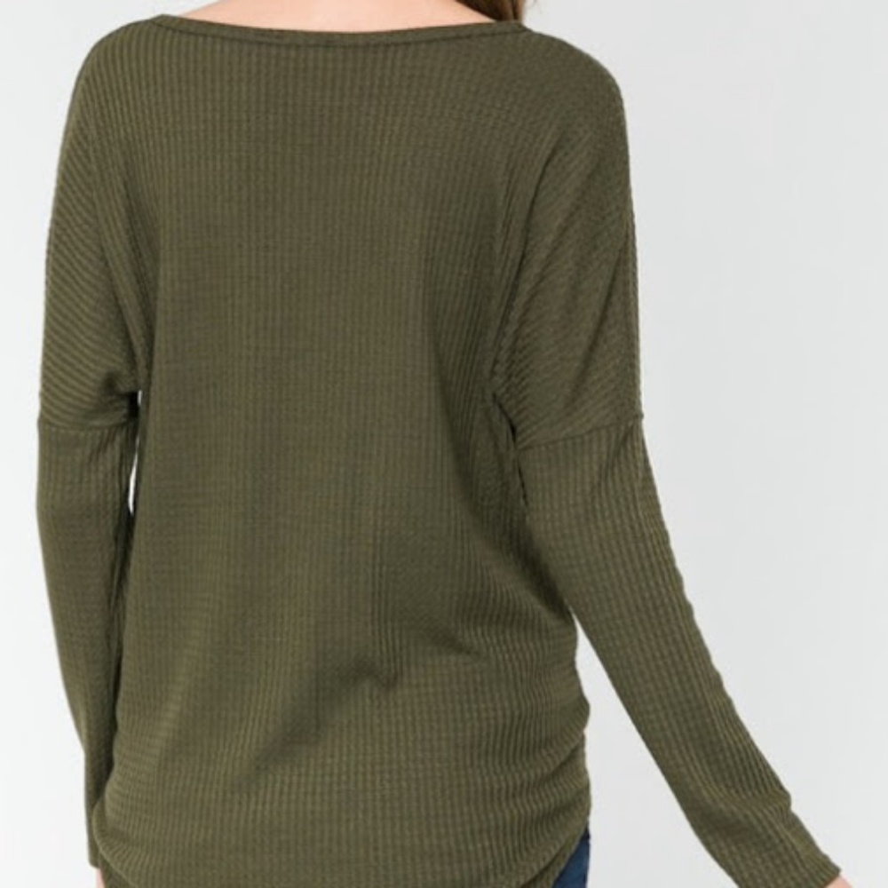 NWT Olive Green Waffle Button Down Long Sleeve - Picture 2 of 4